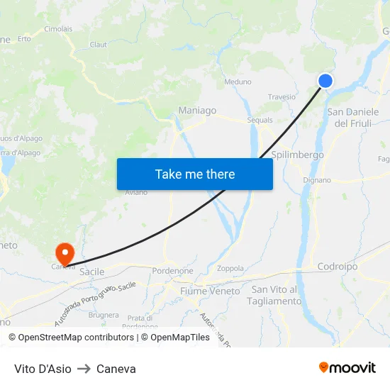 Vito d'Asio to Caneva map