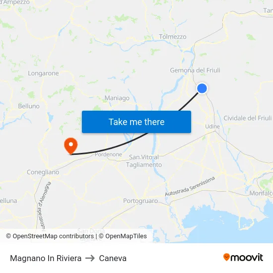 Magnano In Riviera to Caneva map