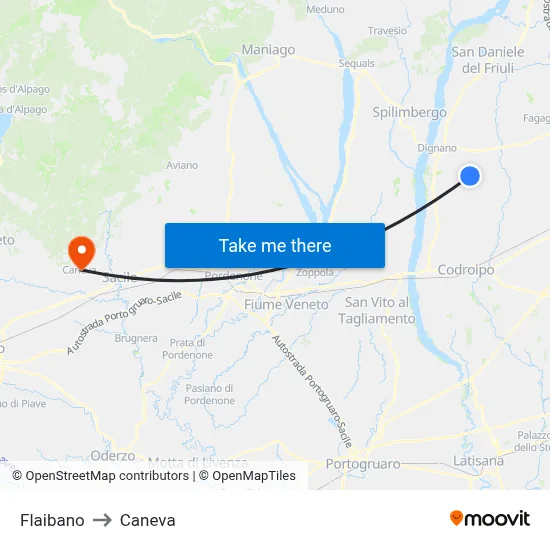 Flaibano to Caneva map
