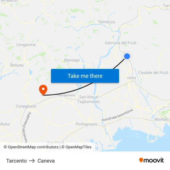 Tarcento to Caneva map