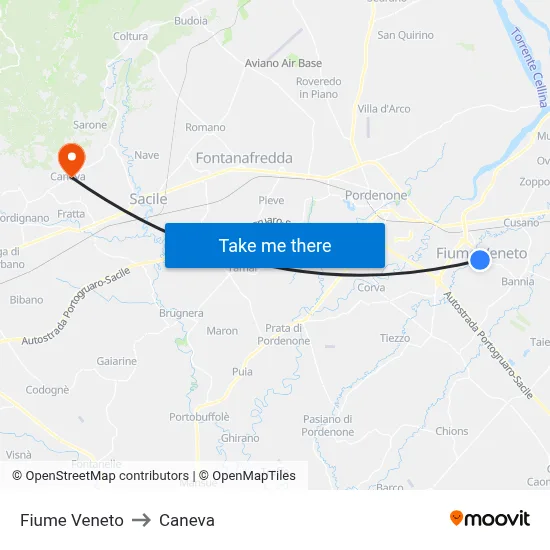 Fiume Veneto to Caneva map