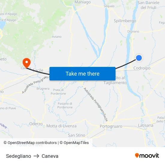 Sedegliano to Caneva map
