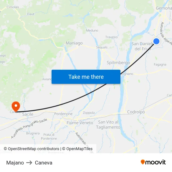 Majano to Caneva map
