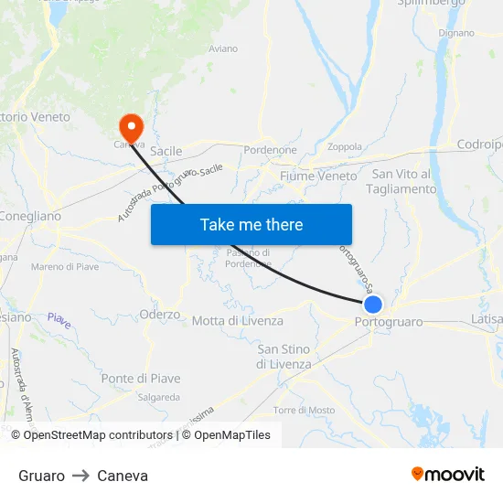 Gruaro to Caneva map