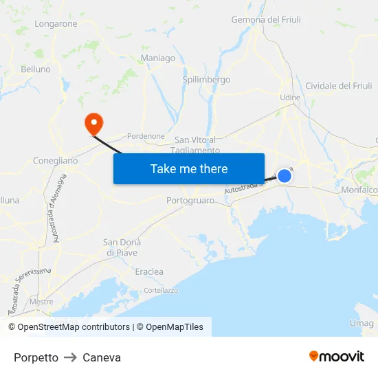 Porpetto to Caneva map