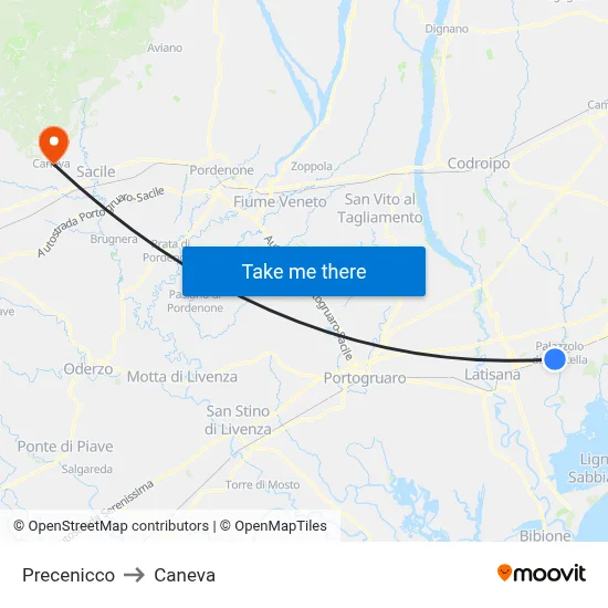 Precenicco to Caneva map