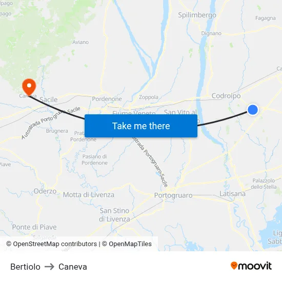 Bertiolo to Caneva map