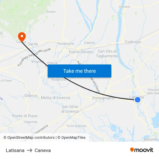 Latisana to Caneva map