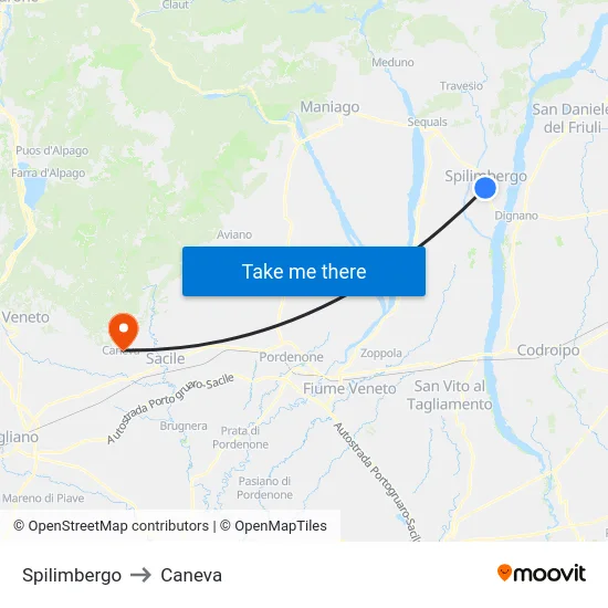 Spilimbergo to Caneva map