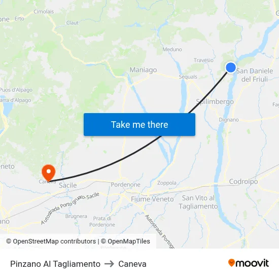 Pinzano Al Tagliamento to Caneva map