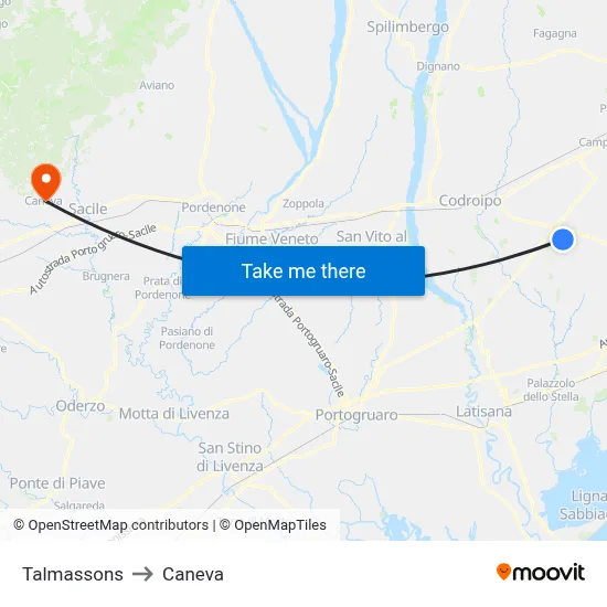 Talmassons to Caneva map