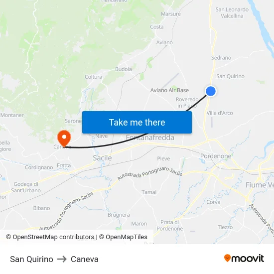 San Quirino to Caneva map