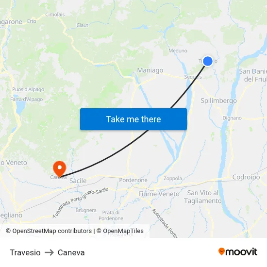 Travesio to Caneva map