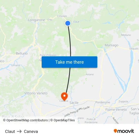 Claut to Caneva map