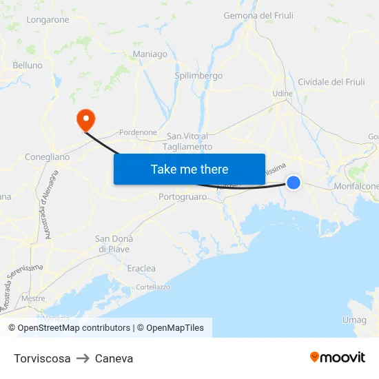 Torviscosa to Caneva map