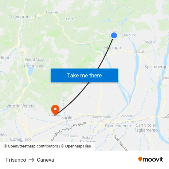 Frisanco to Caneva map