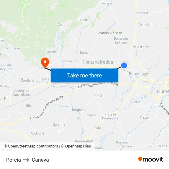 Porcia to Caneva map
