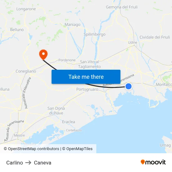 Carlino to Caneva map