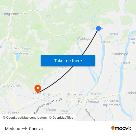 Meduno to Caneva map