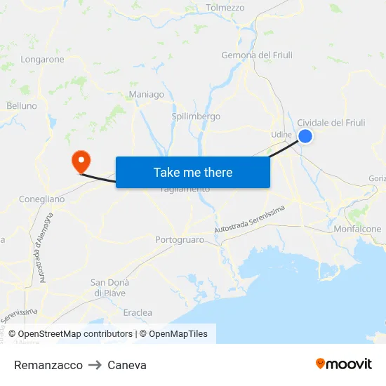 Remanzacco to Caneva map