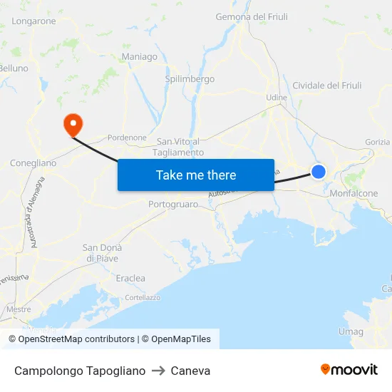 Campolongo Tapogliano to Caneva map