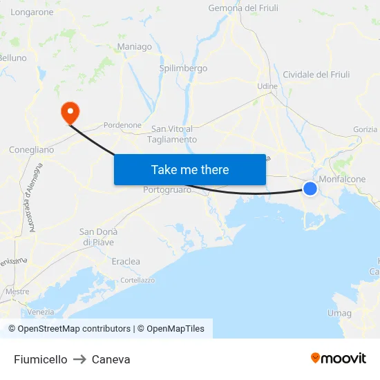 Fiumicello to Caneva map