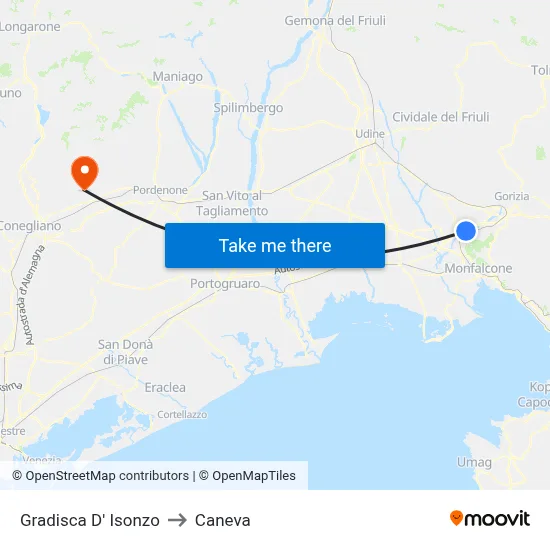 Gradisca d'Isonzo to Caneva map