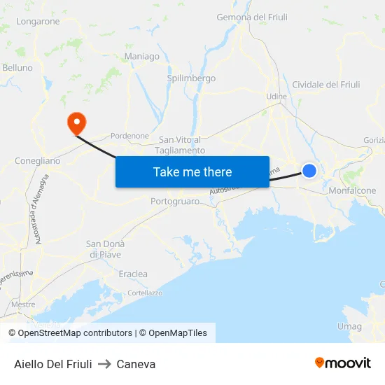 Aiello del Friuli to Caneva map