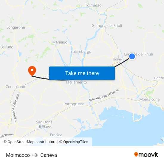 Moimacco to Caneva map