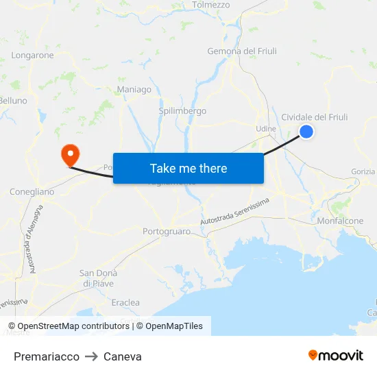 Premariacco to Caneva map