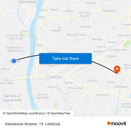 Valvasone Arzene to Lestizza map