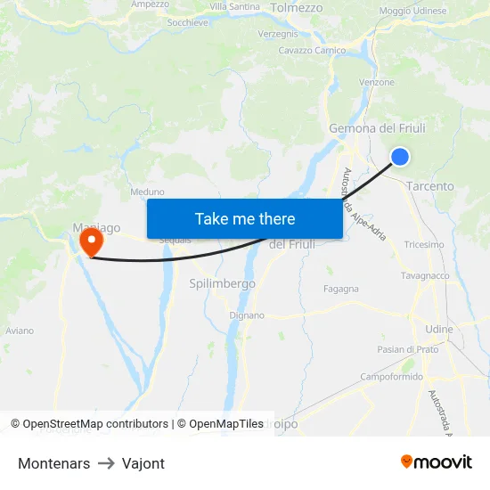 Montenars to Vajont map