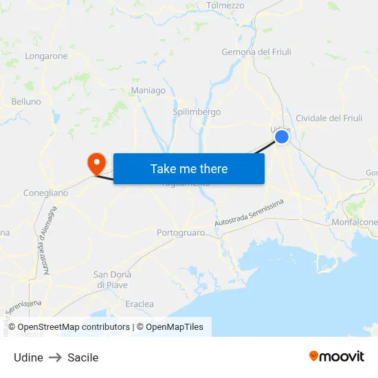 Udine to Sacile map