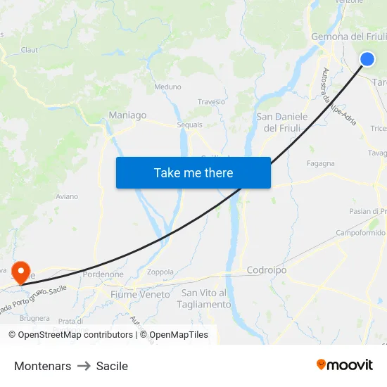 Montenars to Sacile map