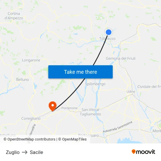 Zuglio to Sacile map