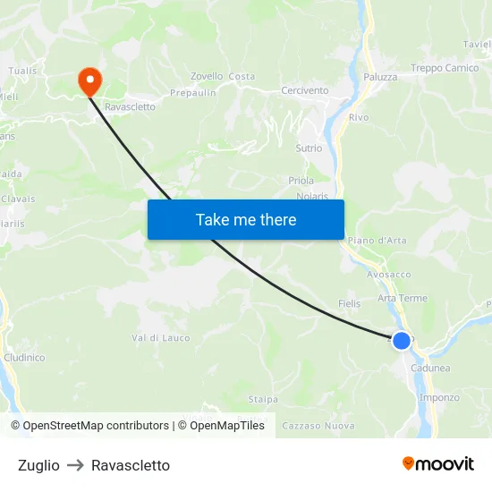 Zuglio to Ravascletto map