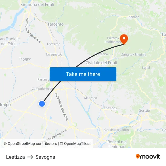 Lestizza to Savogna map