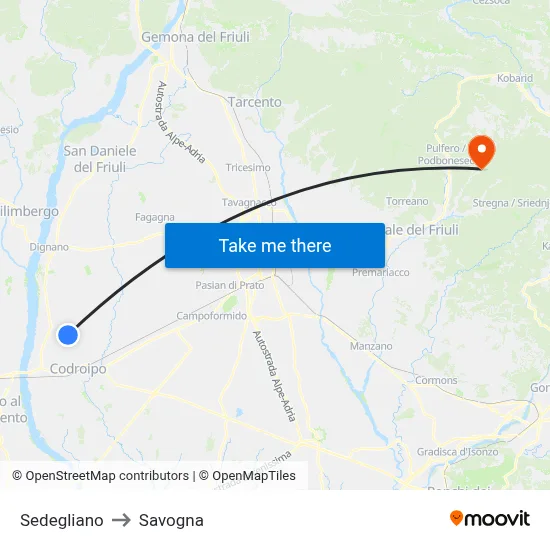 Sedegliano to Savogna map