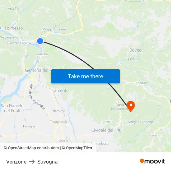 Venzone to Savogna map