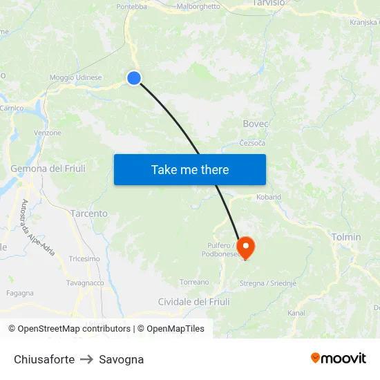 Chiusaforte to Savogna map