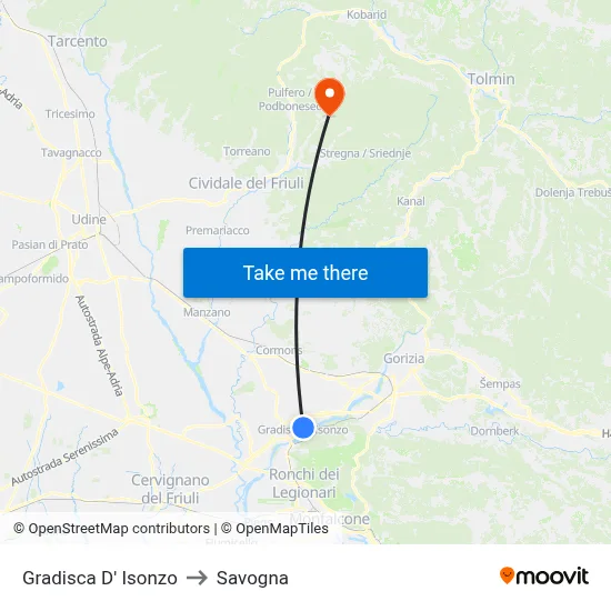 Gradisca d'Isonzo to Savogna map