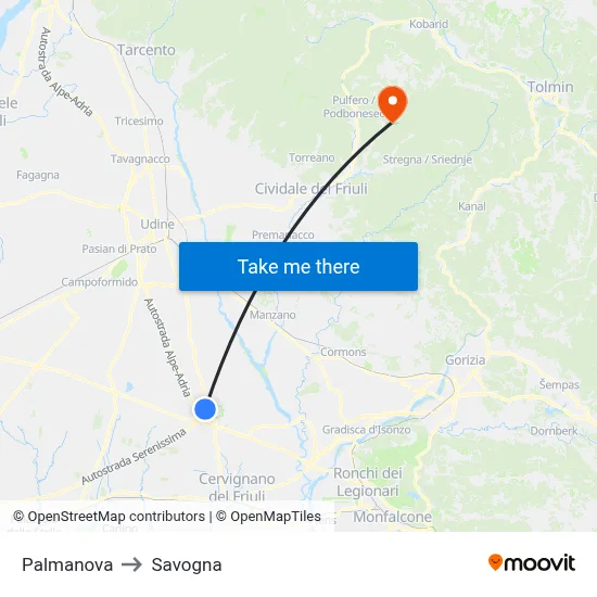 Palmanova to Savogna map