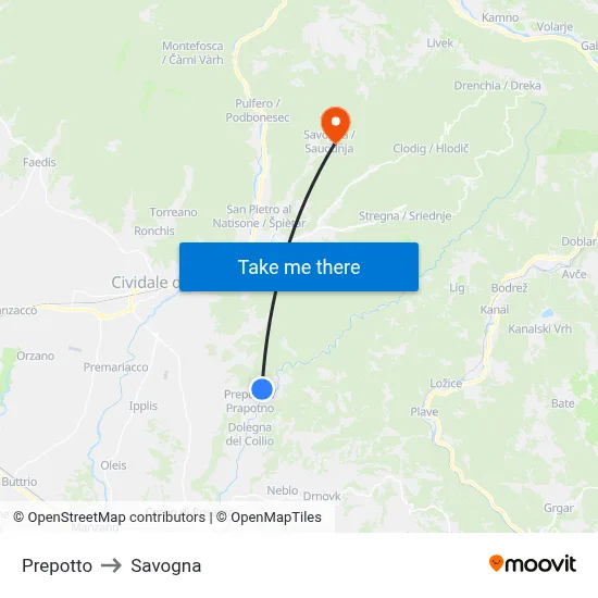 Prepotto to Savogna map
