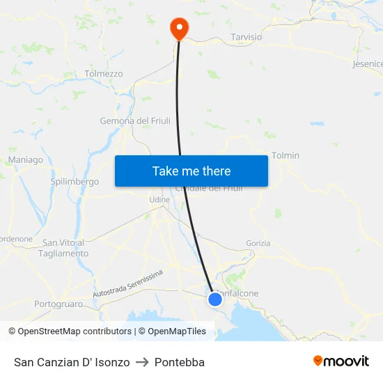 San Canzian D' Isonzo to Pontebba map