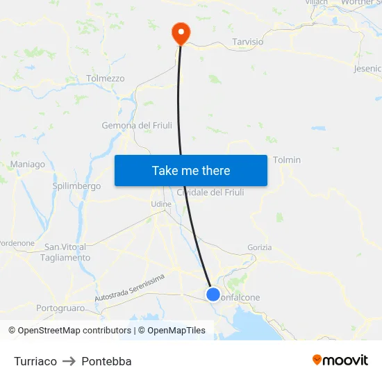 Turriaco to Pontebba map