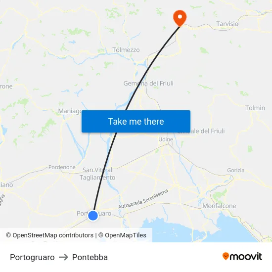 Portogruaro to Pontebba map