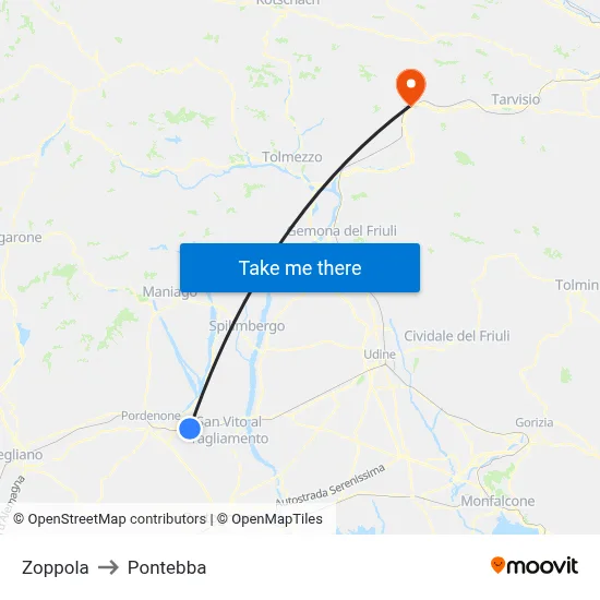 Zoppola to Pontebba map