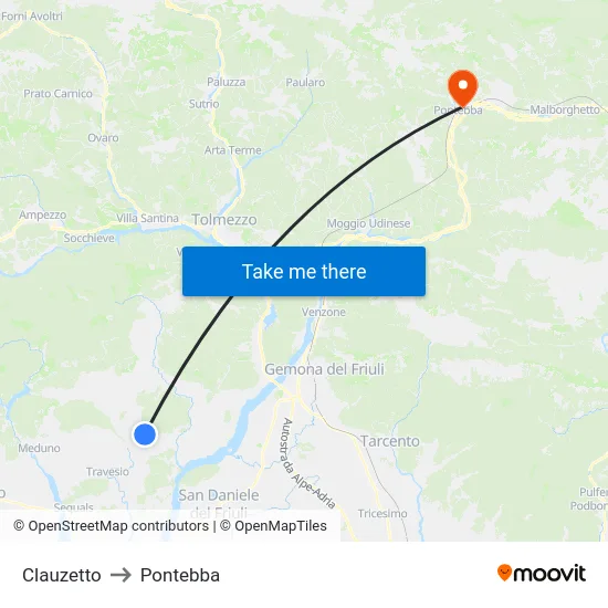 Clauzetto to Pontebba map