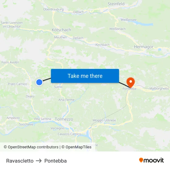 Ravascletto to Pontebba map