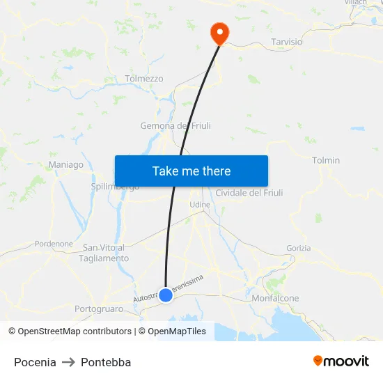 Pocenia to Pontebba map